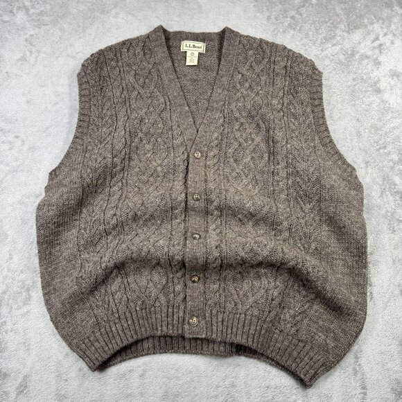 Vintage L.L. Bean Mens Pure New Wool Cable Knit Sweater Vest Scotland Brown XL - Picture 1 of 7
